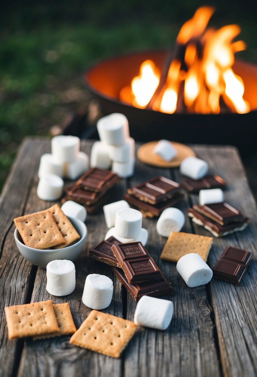 A rustic wooden table adorned with a variety of gourmet marshmallows, chocolate bars, and graham crackers, alongside a glowing campfire for roasting marshmallows