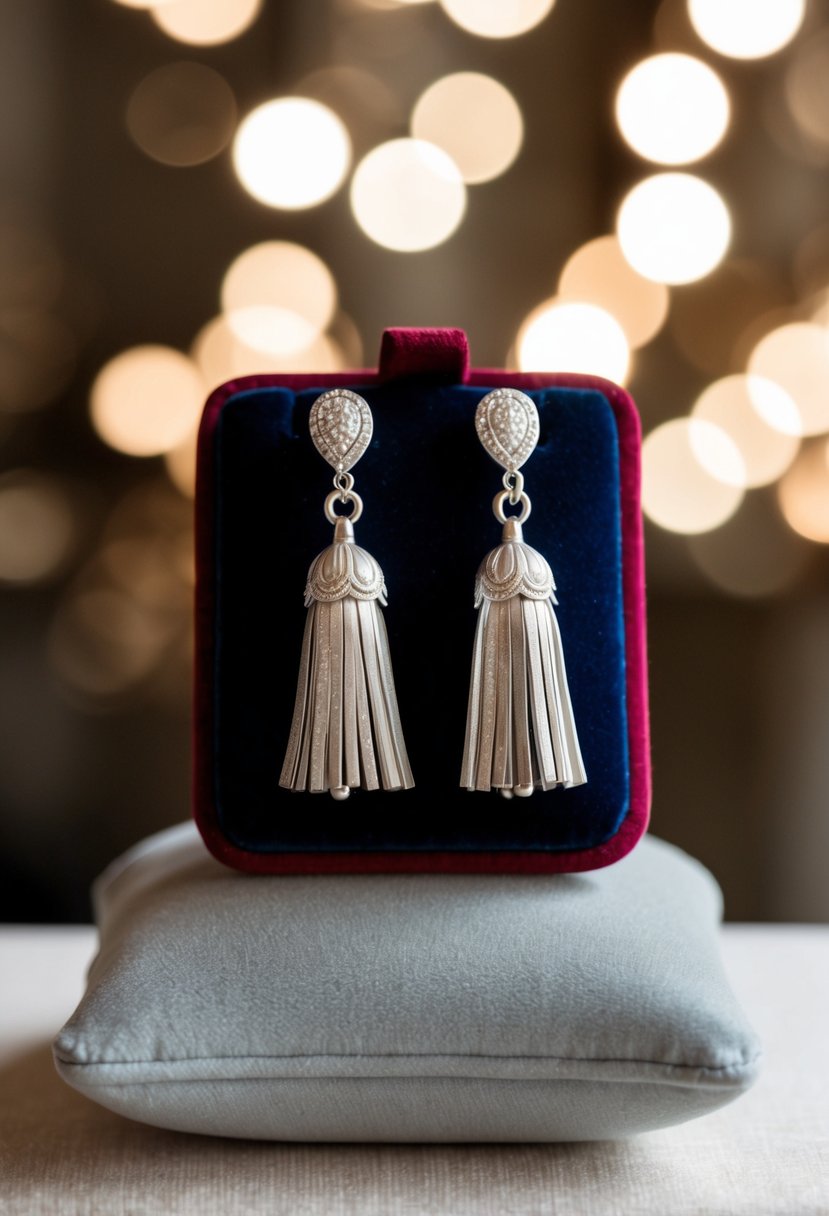 Two elegant silver tassel earrings displayed on a velvet cushion with soft lighting