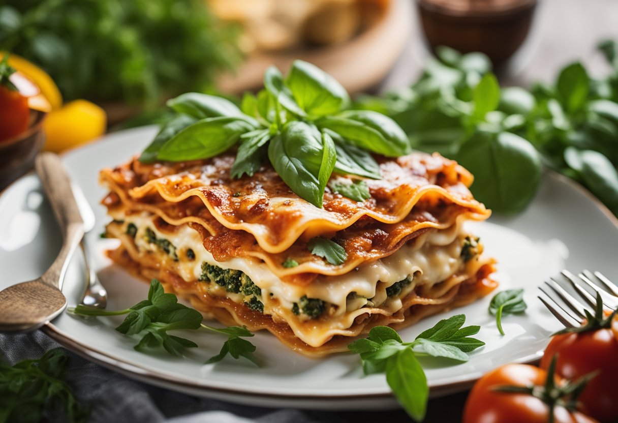 A steaming keto-friendly lasagna sits on a festive holiday market table, surrounded by vibrant green herbs and colorful vegetable garnishes