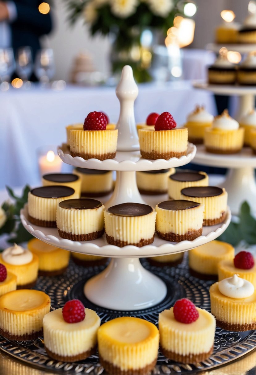 A variety of mini cheesecakes displayed on a decorative sweet table at a wedding reception