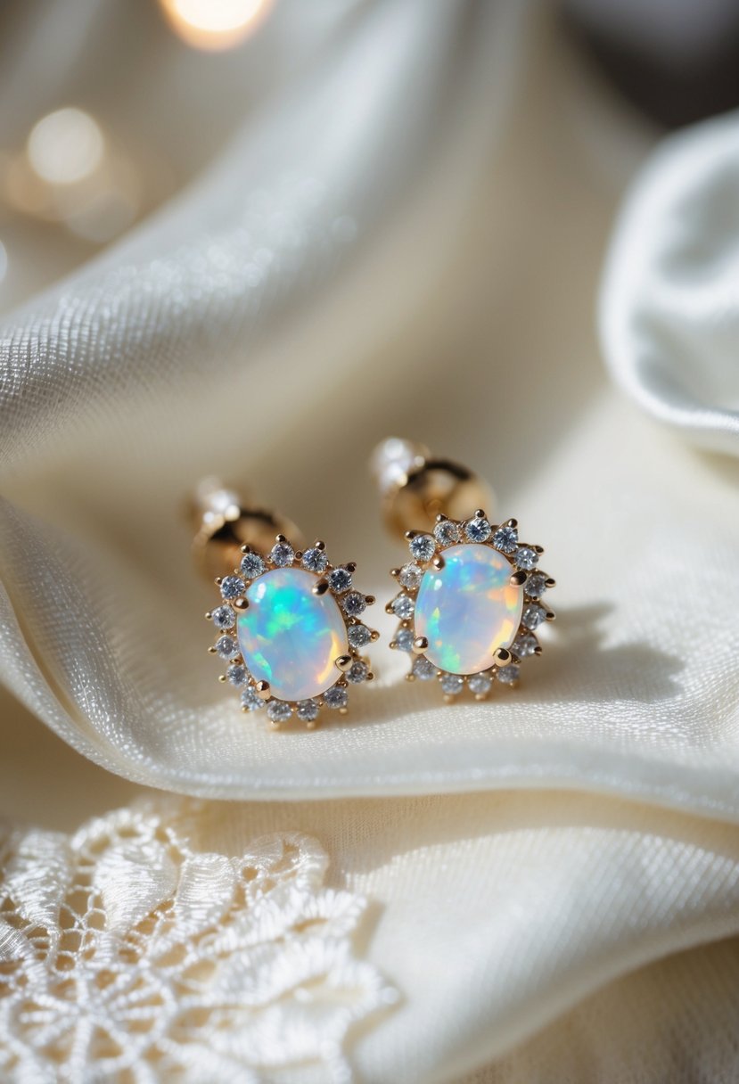 A pair of opal studs shimmering under soft lighting, surrounded by delicate lace and satin fabric, evoking a sense of timeless elegance and romance