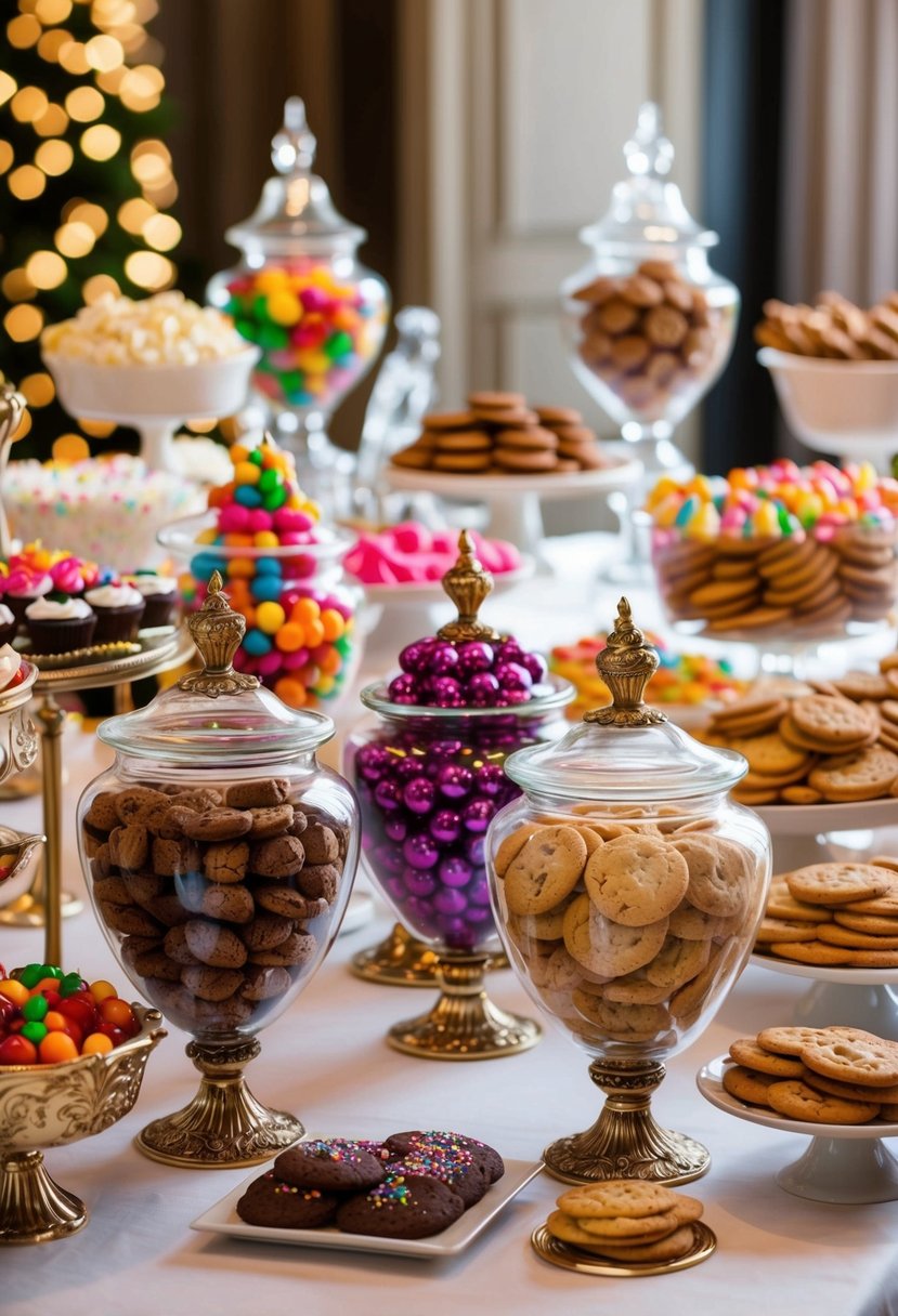 A lavish buffet table with a variety of ornate cookie jars filled with colorful and decadent sweet treats