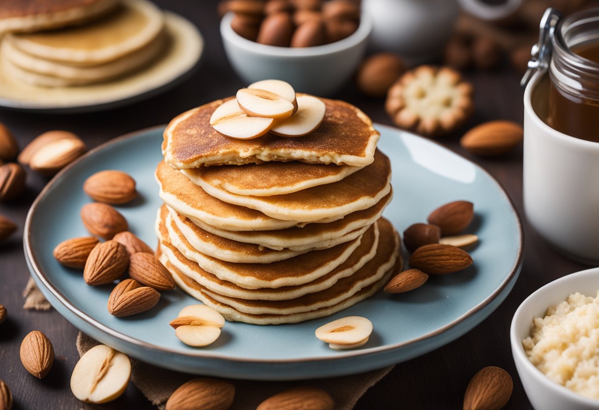 A stack of almond flour pancakes surrounded by holiday market foods