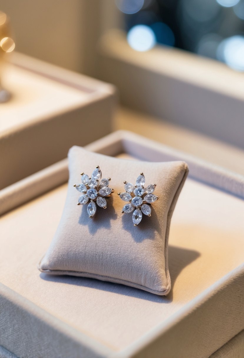 A pair of delicate floral cluster earrings, with intricate details and shimmering gemstones, displayed on a velvet cushion in a softly lit boutique