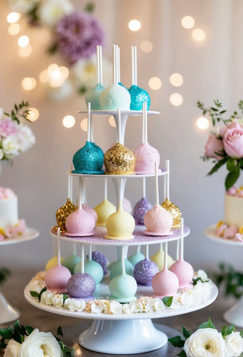 A whimsical array of cake pops in pastel colors and glittery sprinkles, arranged on a tiered display with floral accents for a wedding sweet table