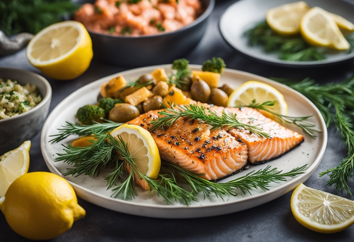 A plate of baked salmon with lemon dill surrounded by festive keto holiday market foods