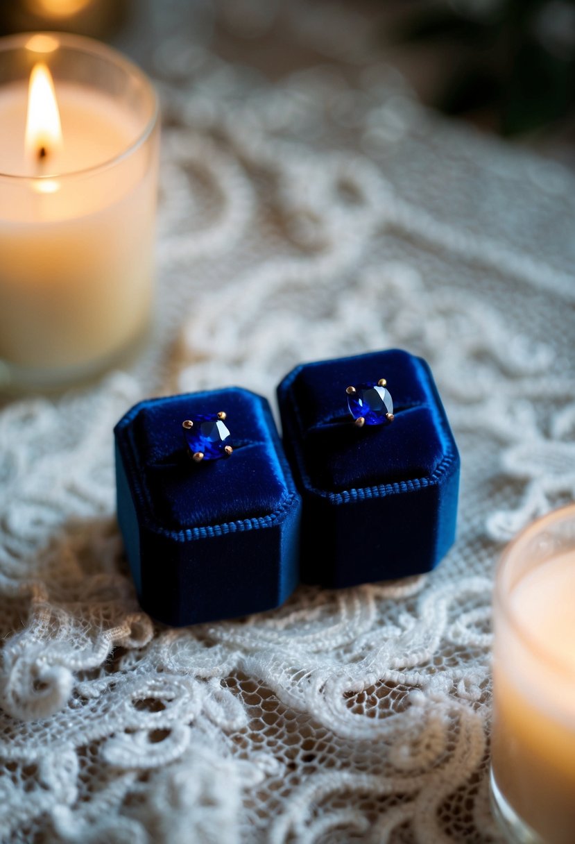 Two blue sapphire studs rest on a velvet jewelry box, surrounded by soft candlelight and delicate lace