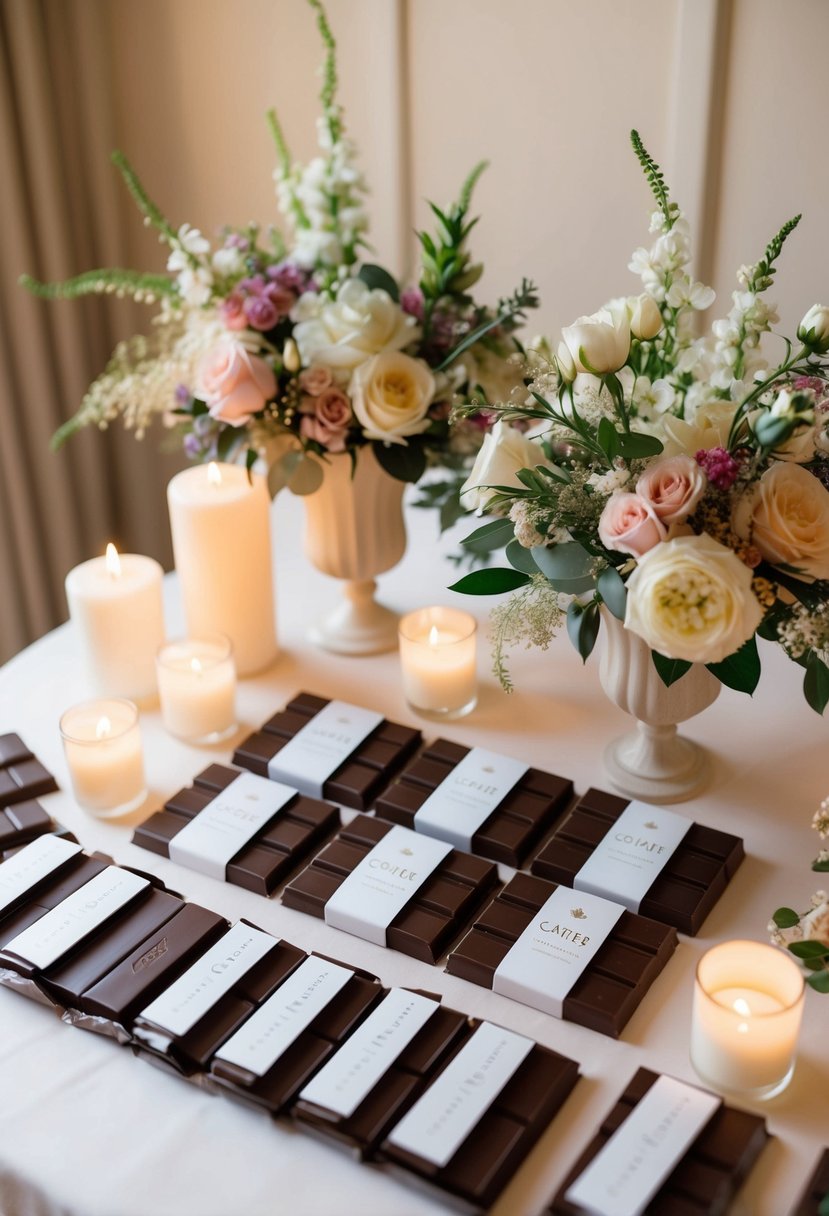 A wedding sweet table adorned with an array of custom chocolate bars in elegant packaging, surrounded by delicate floral arrangements and twinkling candles