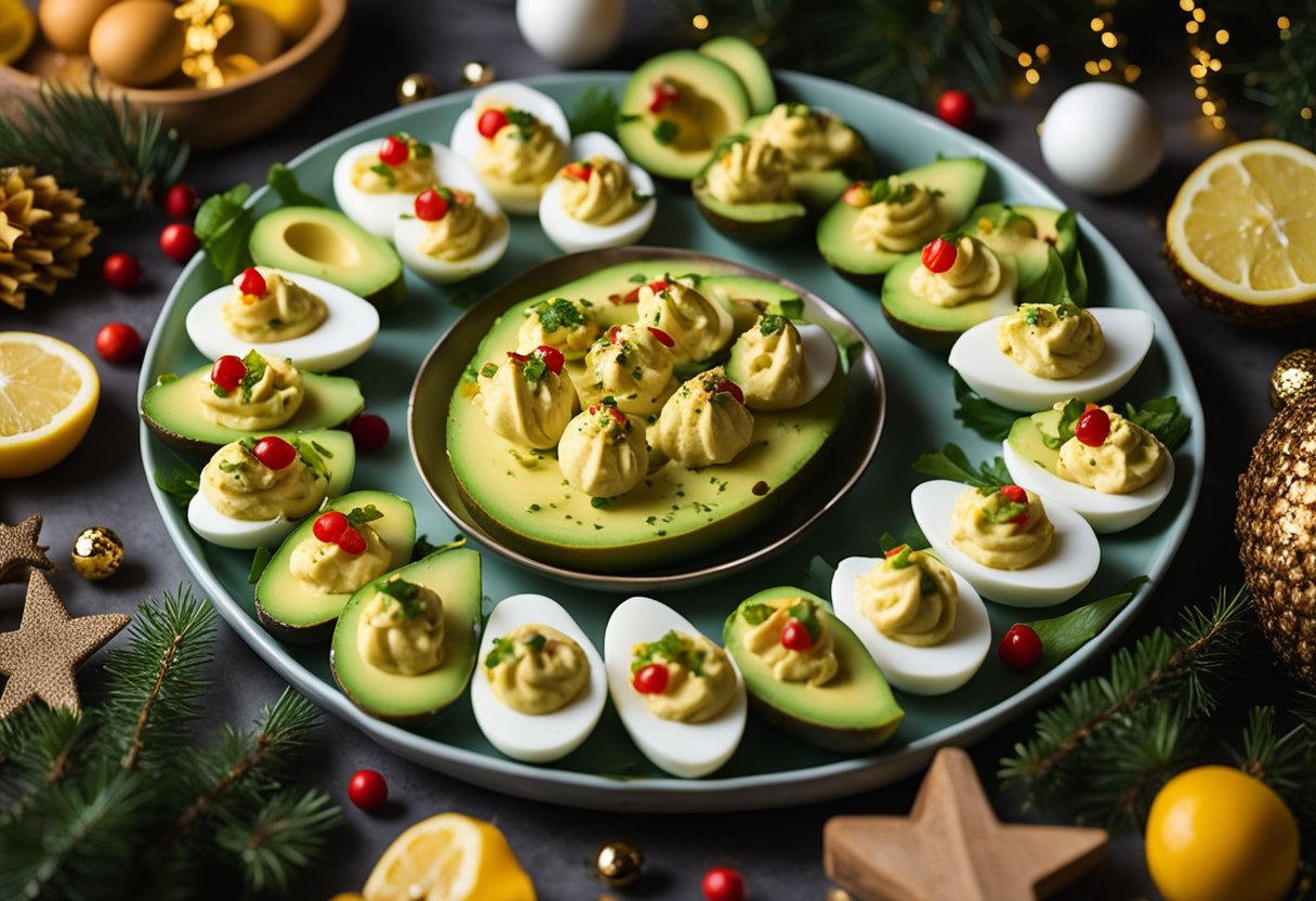 A platter of avocado deviled eggs surrounded by festive holiday decorations and other keto-friendly market foods