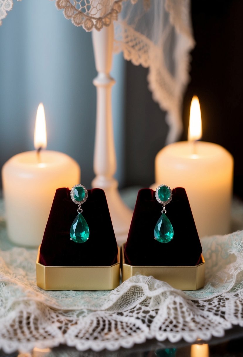 Two emerald teardrop earrings on a velvet display, surrounded by soft candlelight and delicate lace