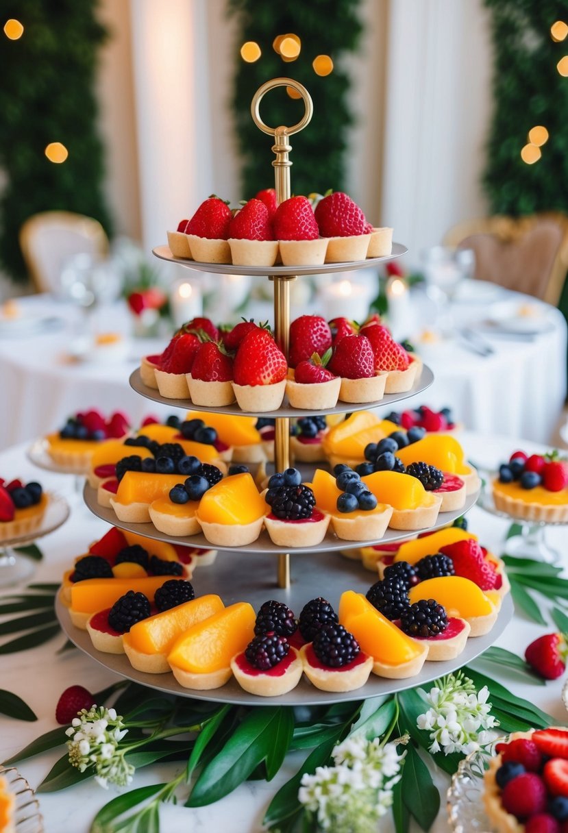 A colorful assortment of fruit tarts arranged on a tiered display stand, surrounded by fresh berries and flowers, set against a backdrop of elegant table settings and wedding decor