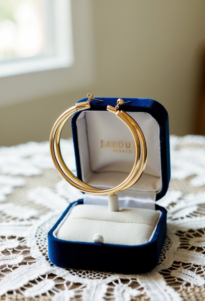 A bride's elegant gold hoop earrings hanging from a velvet jewelry box on a lace-covered table