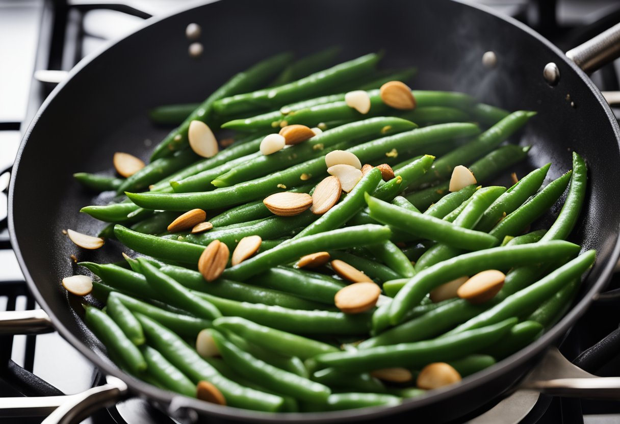 A sizzling pan of green beans and almonds sautéing over a stove