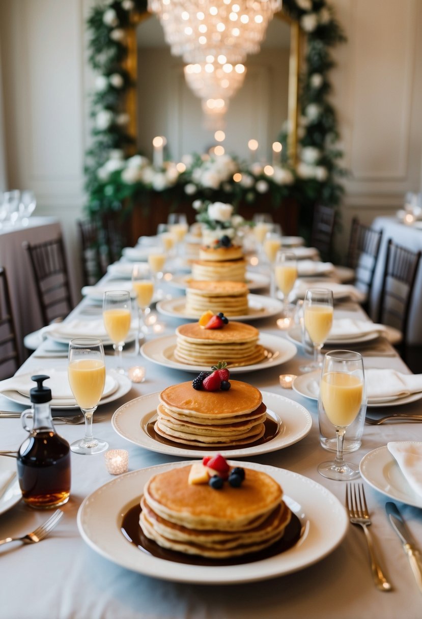 A beautifully decorated table with a variety of pancakes and syrup options, surrounded by elegant wedding decor and soft lighting