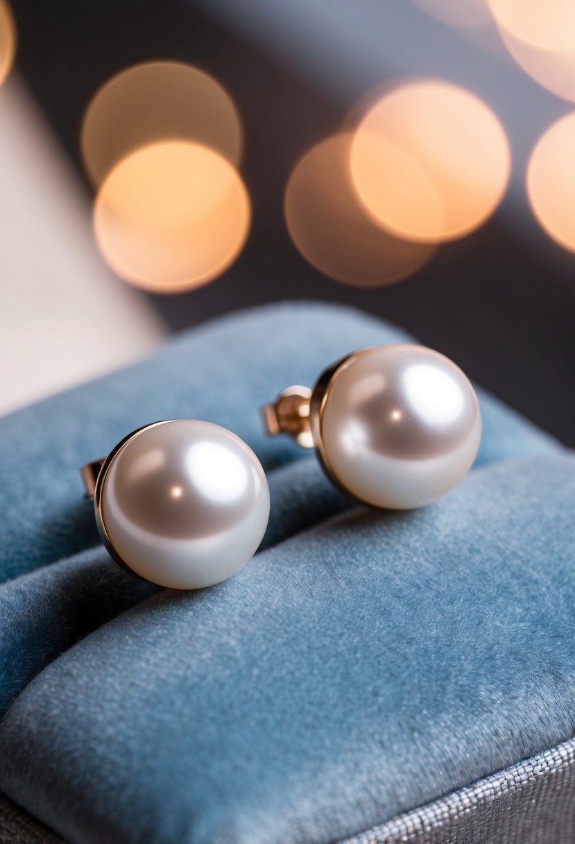 A close-up of two lustrous pearl studs on a velvet cushion