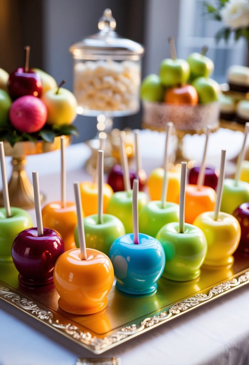 A colorful display of candy apples arranged on a table with decorative accents for a wedding sweet table