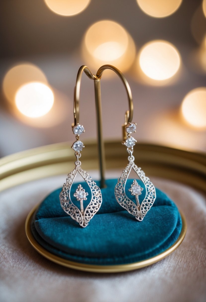 A pair of delicate filigree earrings displayed on a velvet cushion, surrounded by soft, romantic lighting