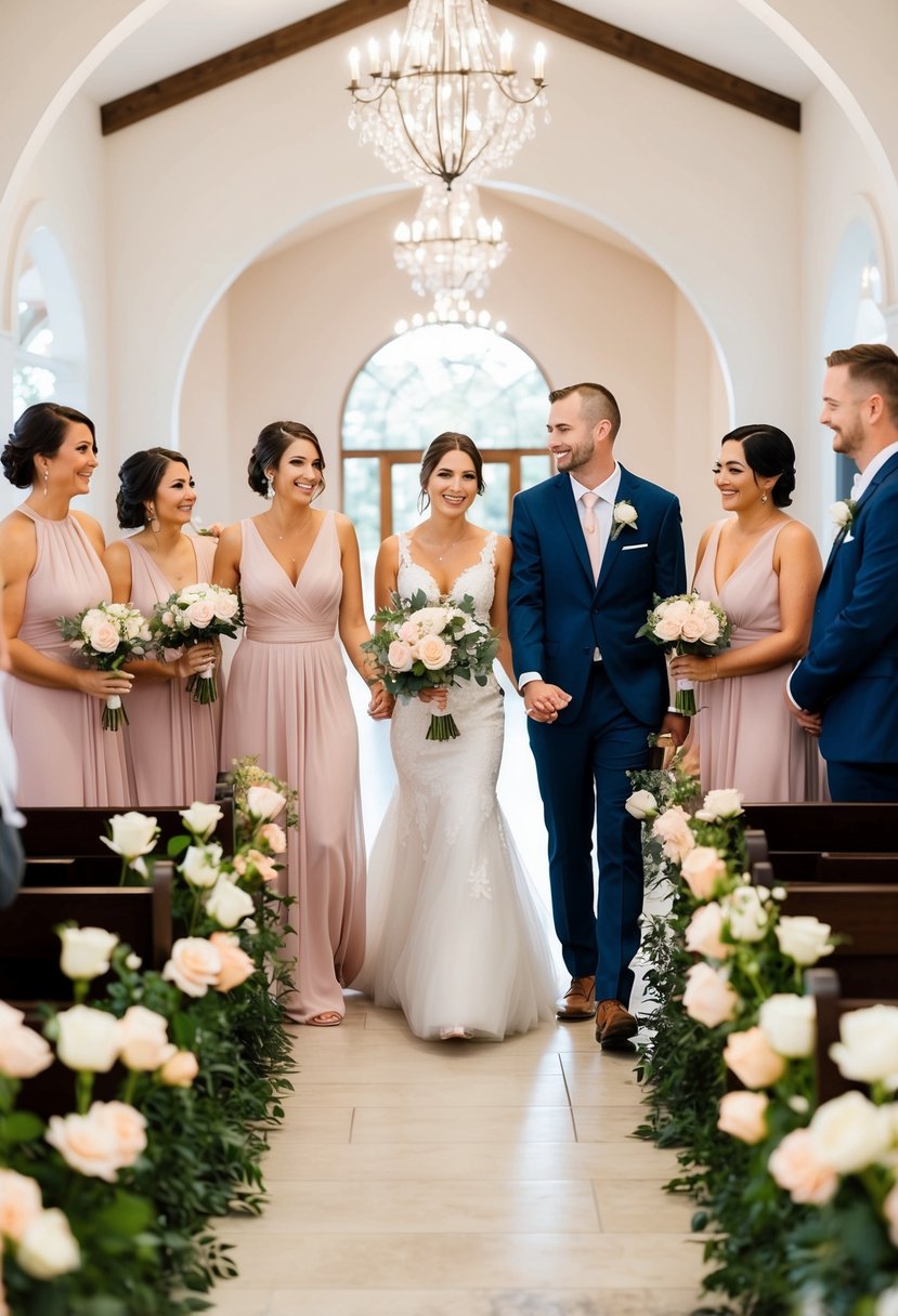 A group of bridesmaids and groomsmen walk down a flower-lined aisle, holding hands and smiling as they enter the wedding venue