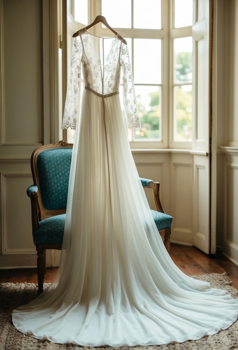 A flowing wedding dress with delicate lace sleeves, draped over a vintage chair in a sun-drenched room