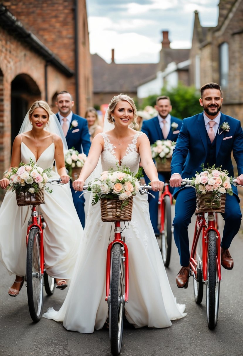 Bridal party enters on flower-decorated bicycles