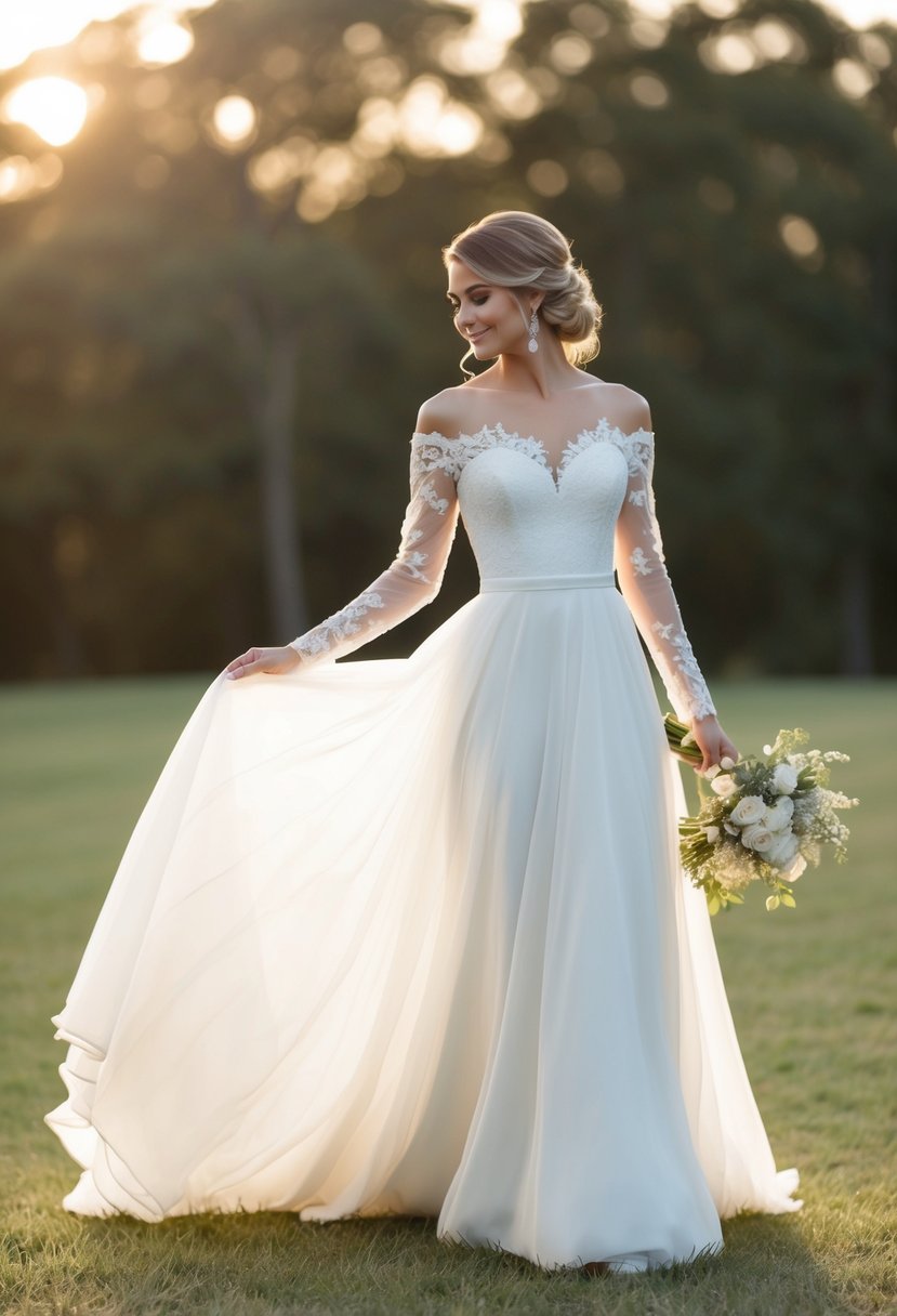 A flowing wedding dress with delicate off-the-shoulder lace sleeves, creating a romantic and elegant look