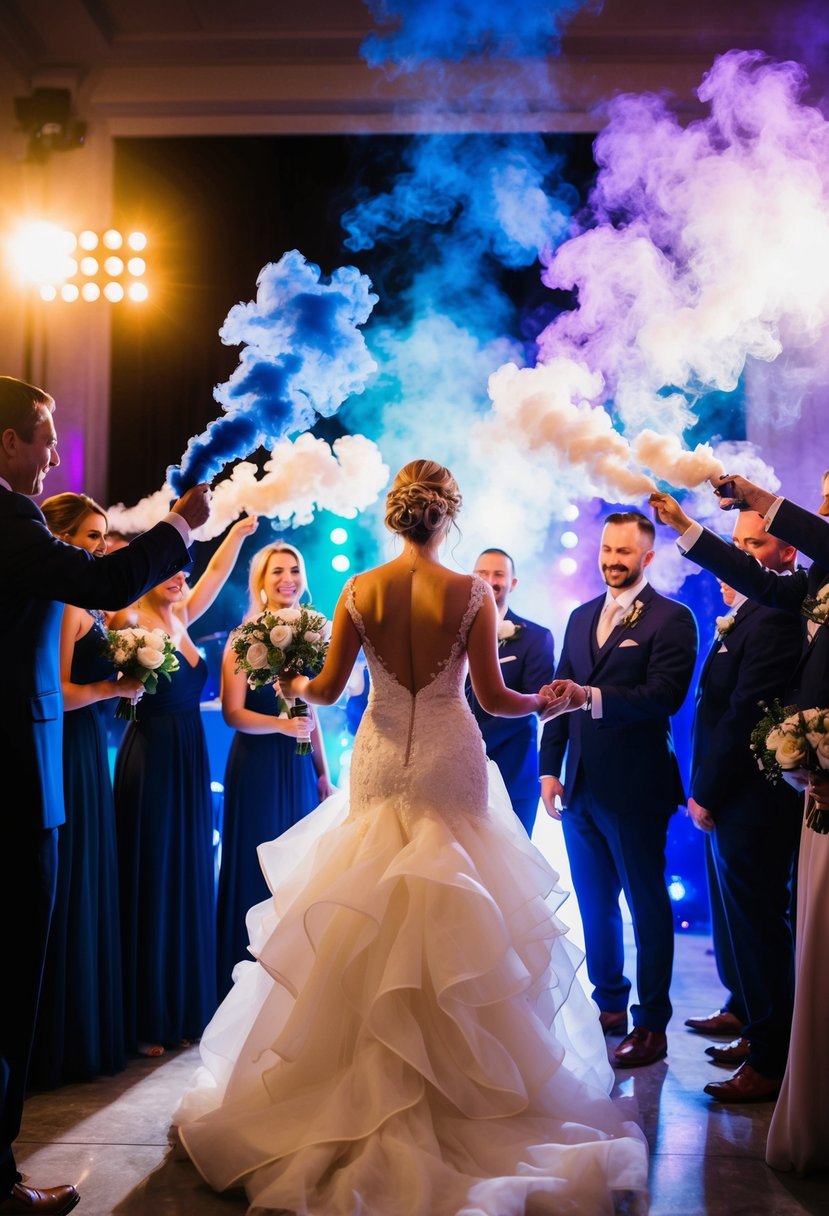 Smoke swirls around as the bridal party makes a dramatic entrance, bathed in colorful lights