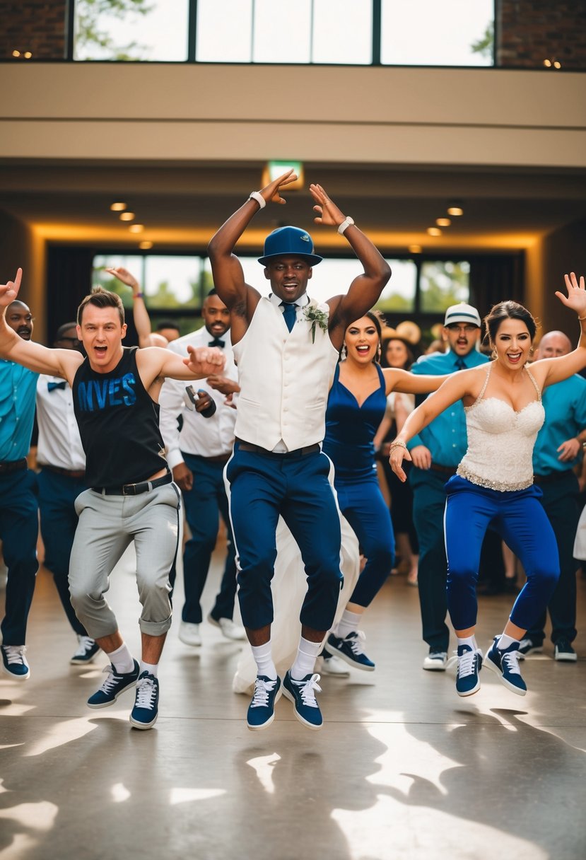 A group of breakdancers perform an energetic routine, surprising wedding guests as the bridal party makes their entrance