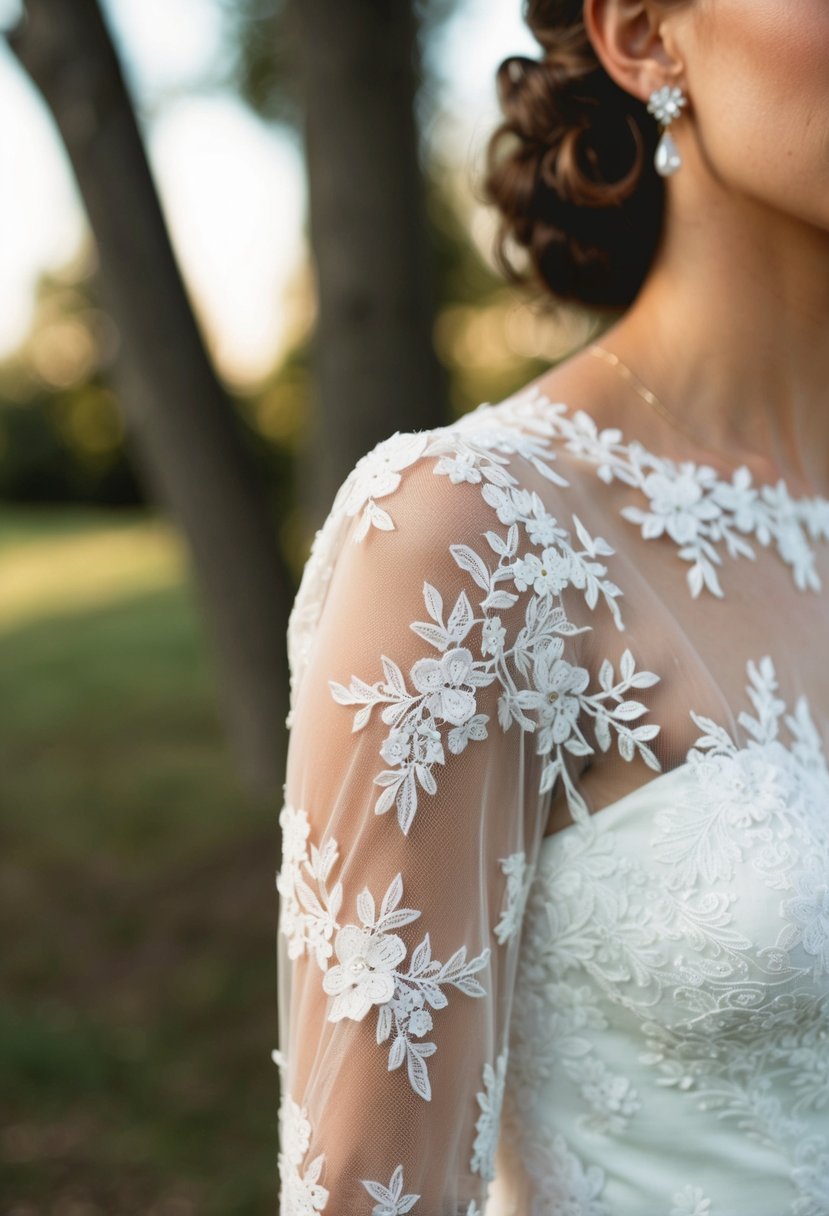 Sheer lace sleeves adorned with delicate floral patterns drape elegantly from the shoulders of a wedding dress