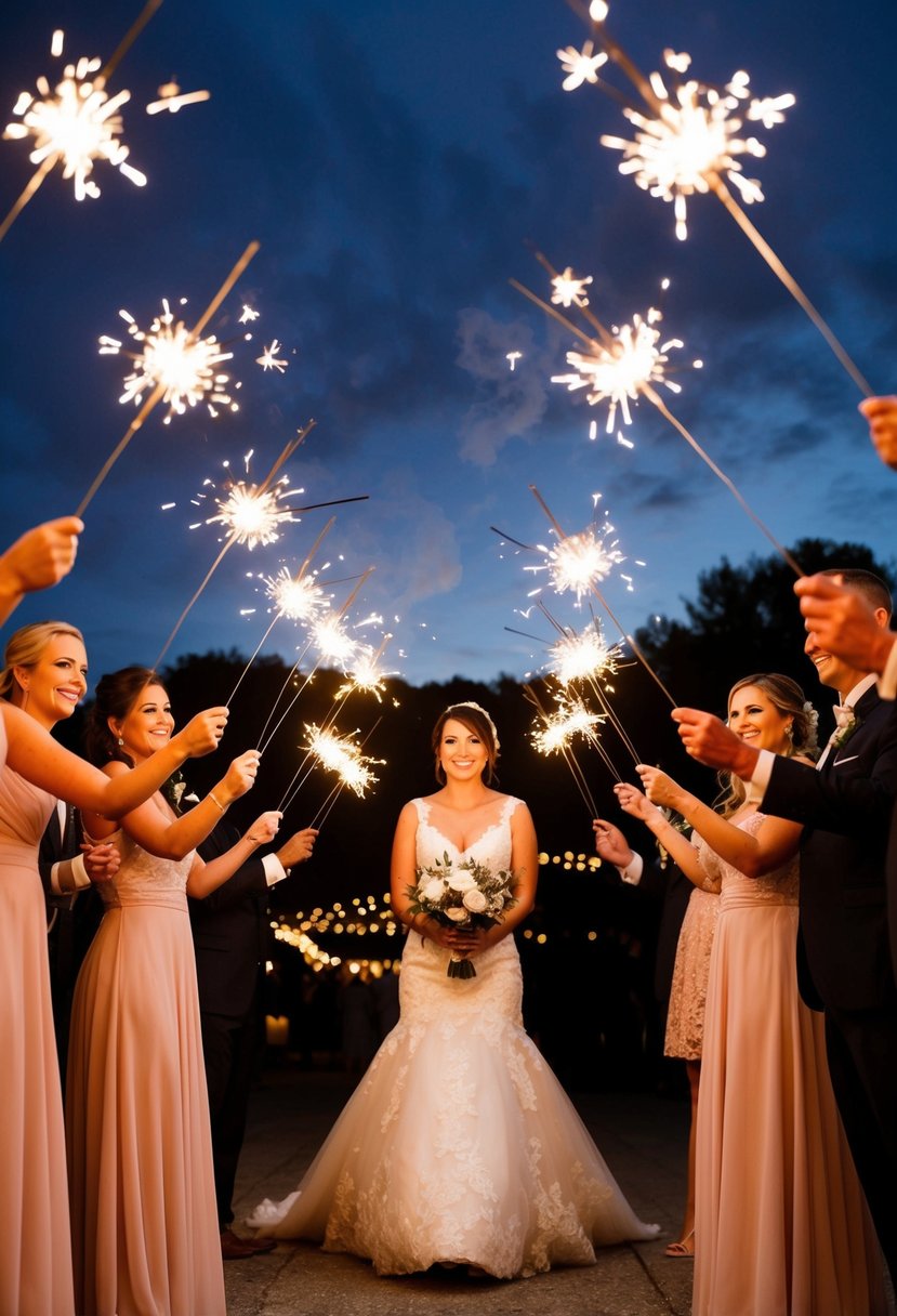 A group of sparklers illuminating a bridal party's entrance