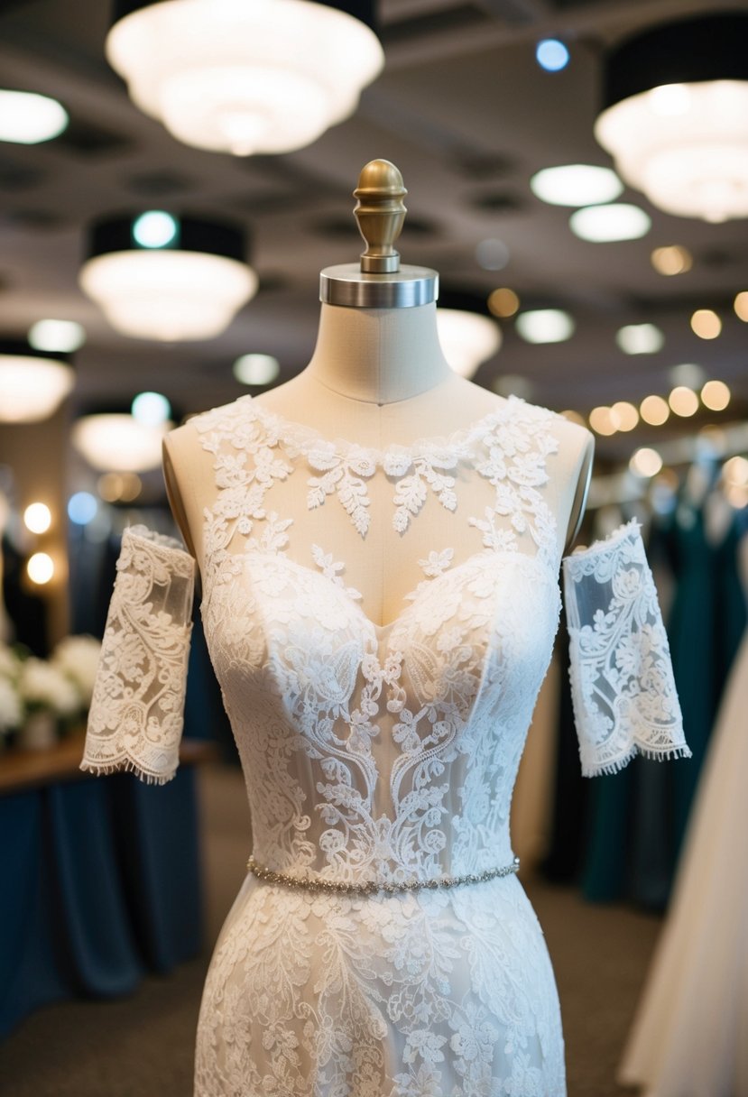 A lace wedding dress with detachable sleeves, one set on and the other off, displayed on a mannequin