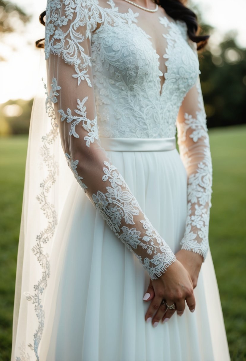 A bride stands in a lace sleeves wedding dress, the intricate lace cascading down her arms for a classic and elegant touch