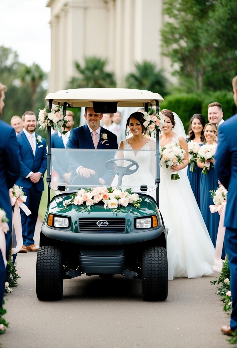 A golf cart adorned with flowers and ribbons drives through a grand entrance, leading the bridal party to the wedding ceremony