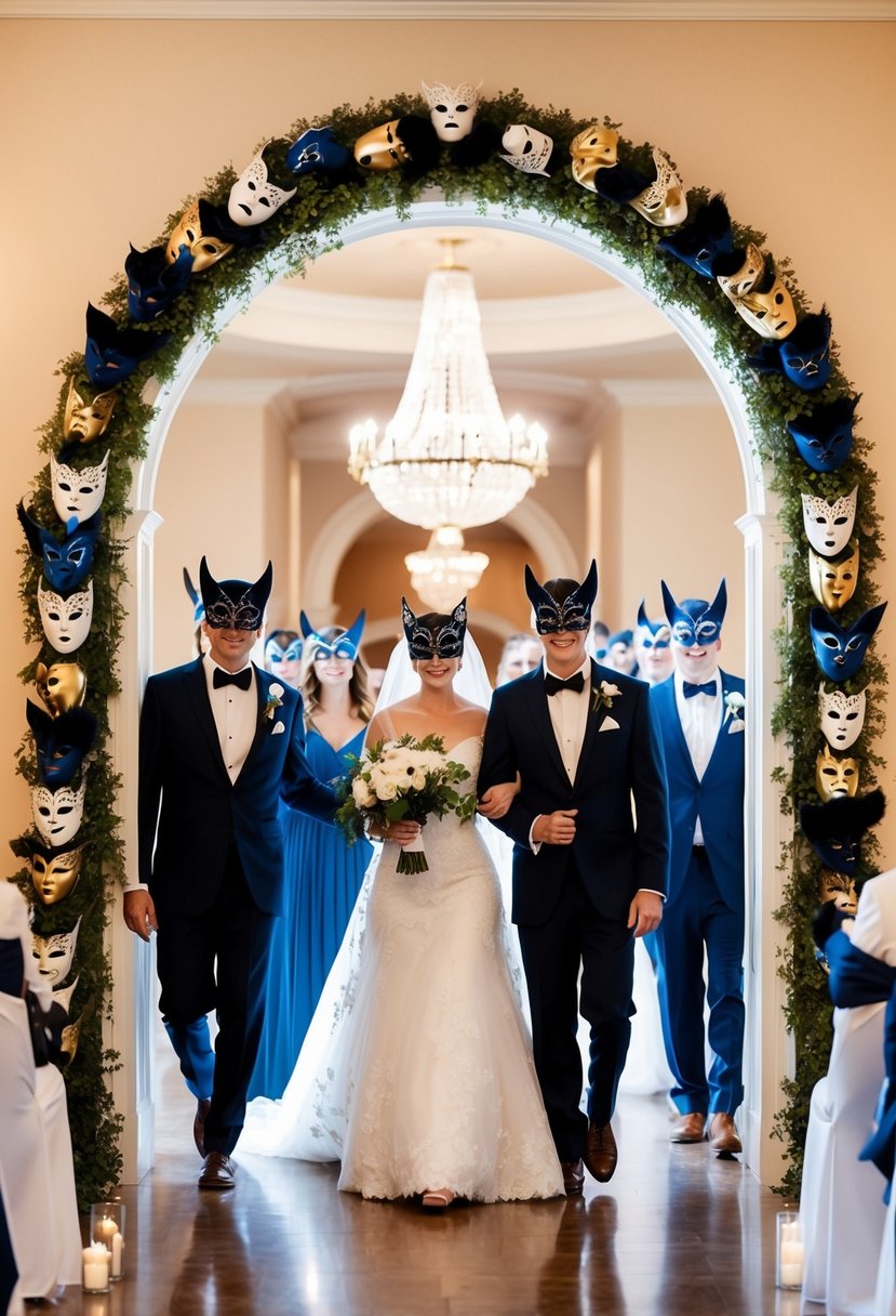 A grand archway adorned with masquerade masks welcomes the bridal party into the wedding venue