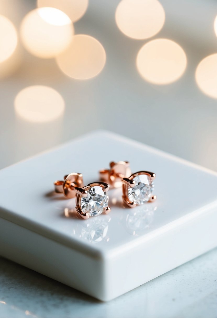 A pair of rose gold diamond earrings displayed on a clean, white surface with soft, natural lighting