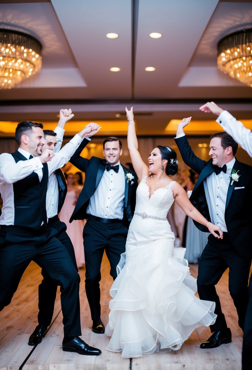 Bridal party in formal attire engaging in a lively dance battle to the song "Can't Stop the Feeling!" at a wedding reception