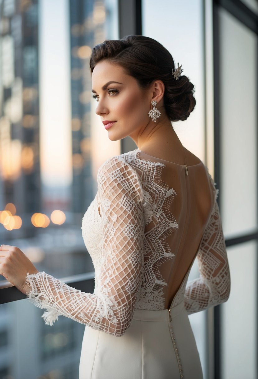 Geometric lace sleeves cascade down a sleek, modern wedding gown, adding a contemporary twist to the classic lace design