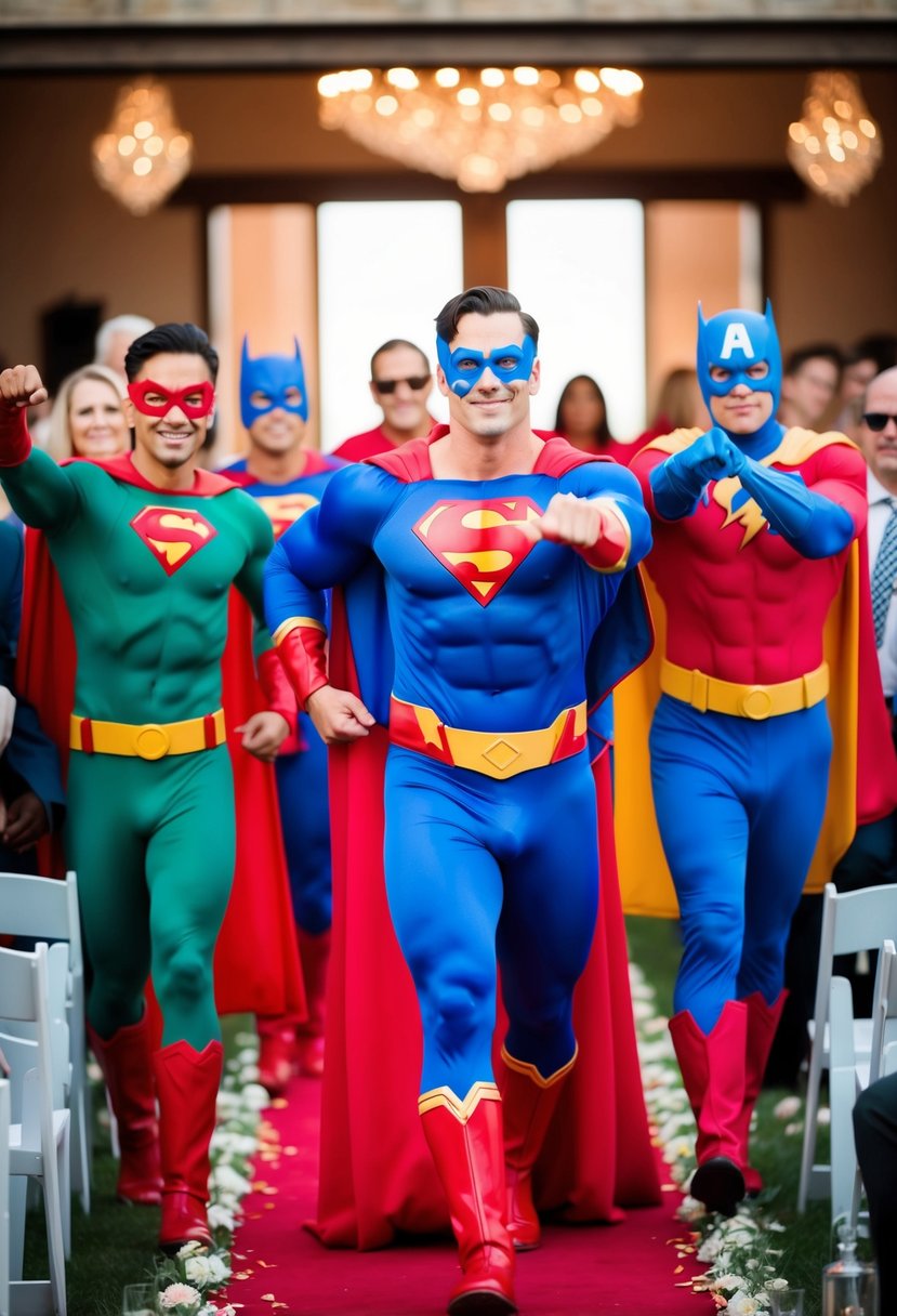 A group of superheroes in colorful costumes make a dramatic entrance at a wedding, posing confidently as they walk down the aisle