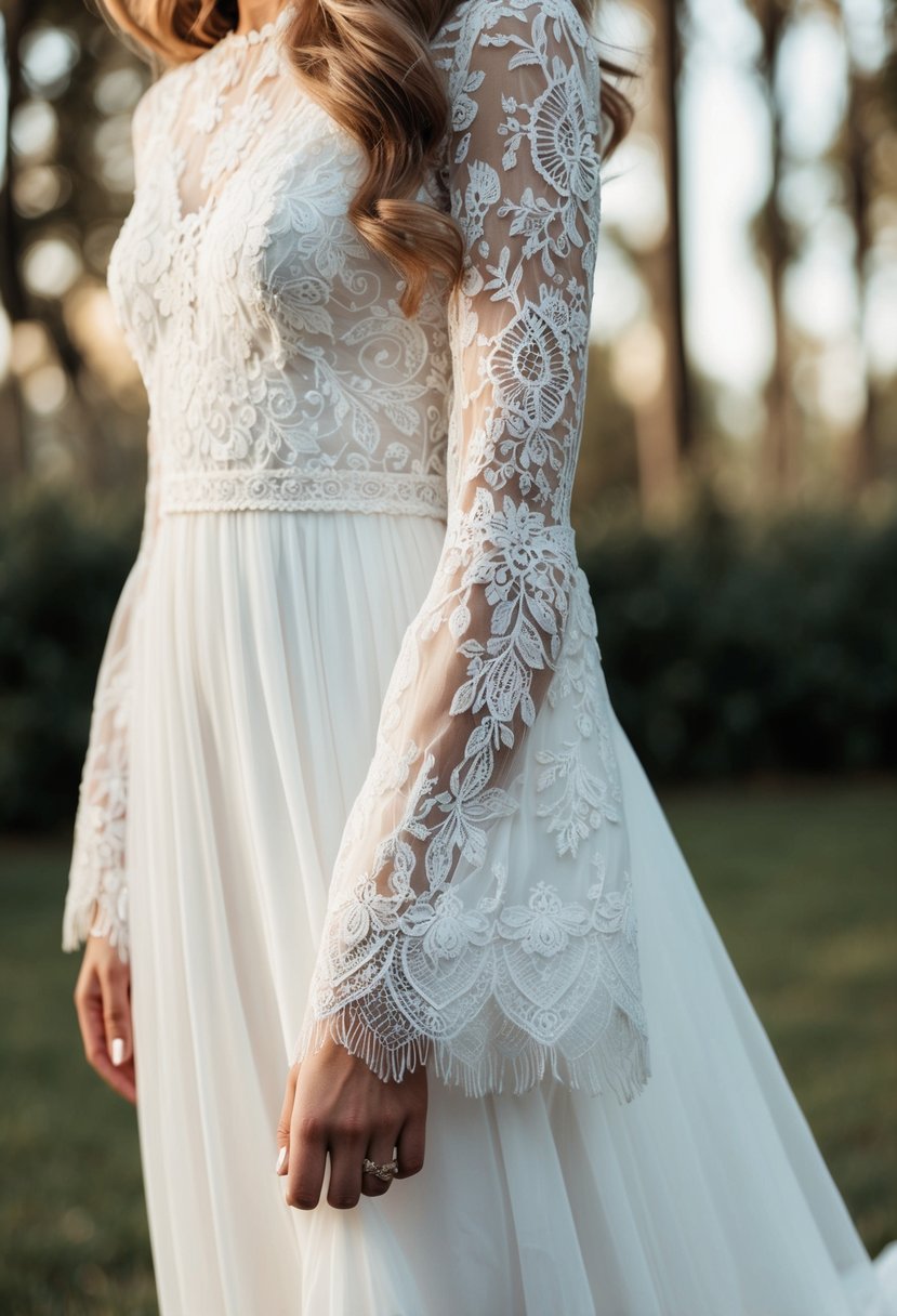 Bell lace sleeves cascade down a flowing, bohemian-inspired wedding dress, adding a touch of elegance and vintage charm