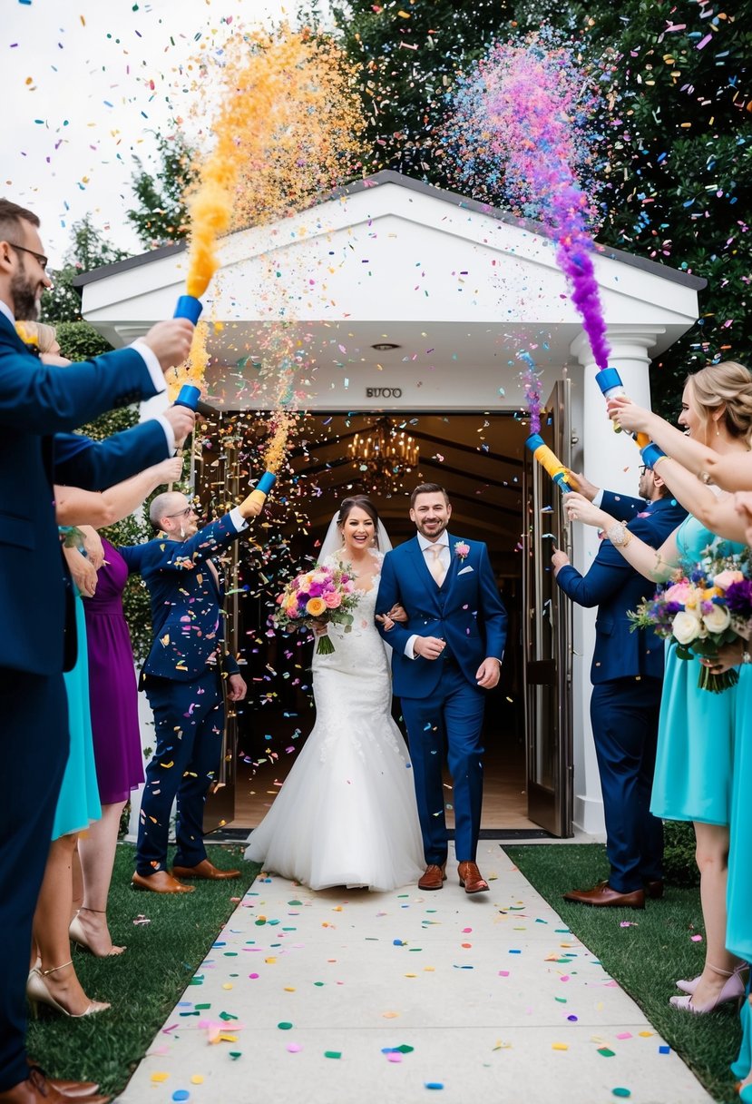 Colorful confetti cannons burst at the entrance, showering the area with a cascade of vibrant confetti as the bridal party makes a grand entrance