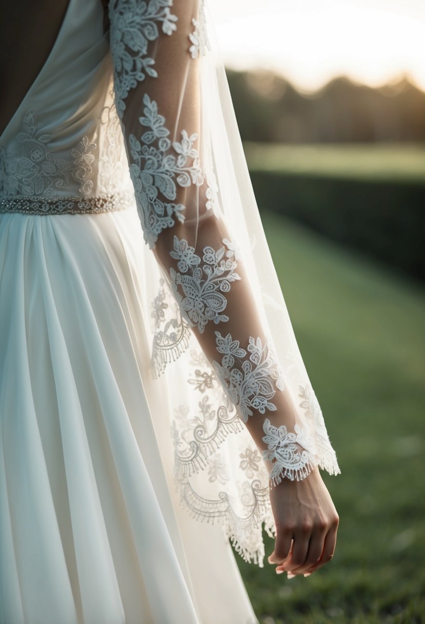 Delicate lace sleeves cascade down a flowing wedding dress, creating an illusion of intricate detail and ethereal beauty