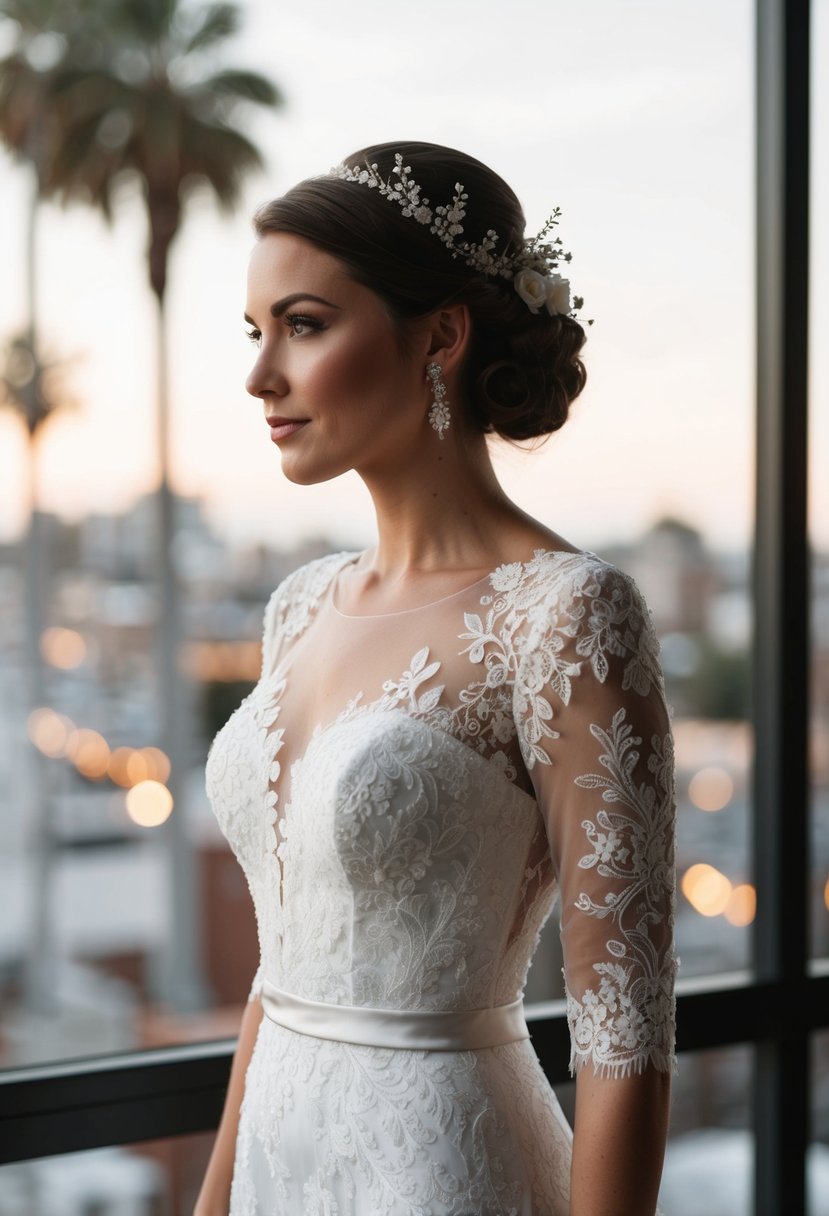 A wedding dress with fitted lace sleeves, creating a sleek silhouette