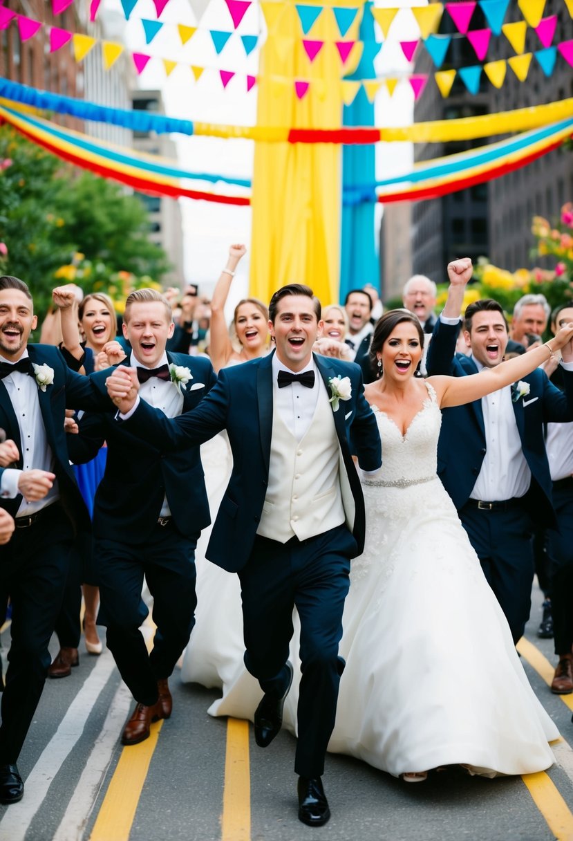 Bridal party entering in a choreographed flash mob, surrounded by cheering guests and colorful decorations