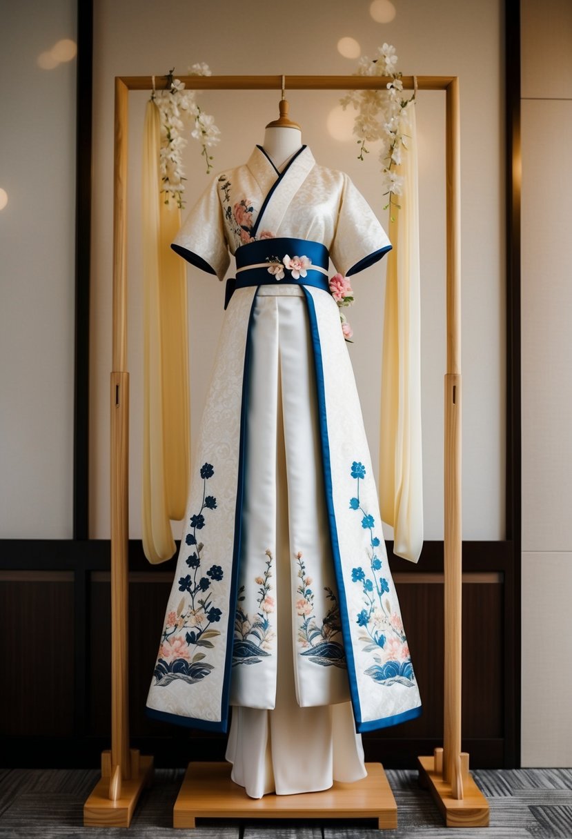 A traditional Japanese wedding dress displayed on a wooden stand with delicate floral patterns and flowing fabric