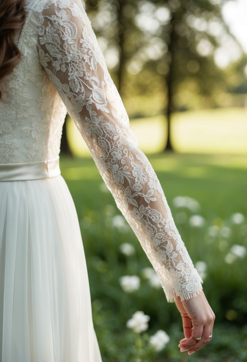 Delicate lace sleeves drape over a vintage-inspired wedding dress, adding an elegant and timeless touch to the gown