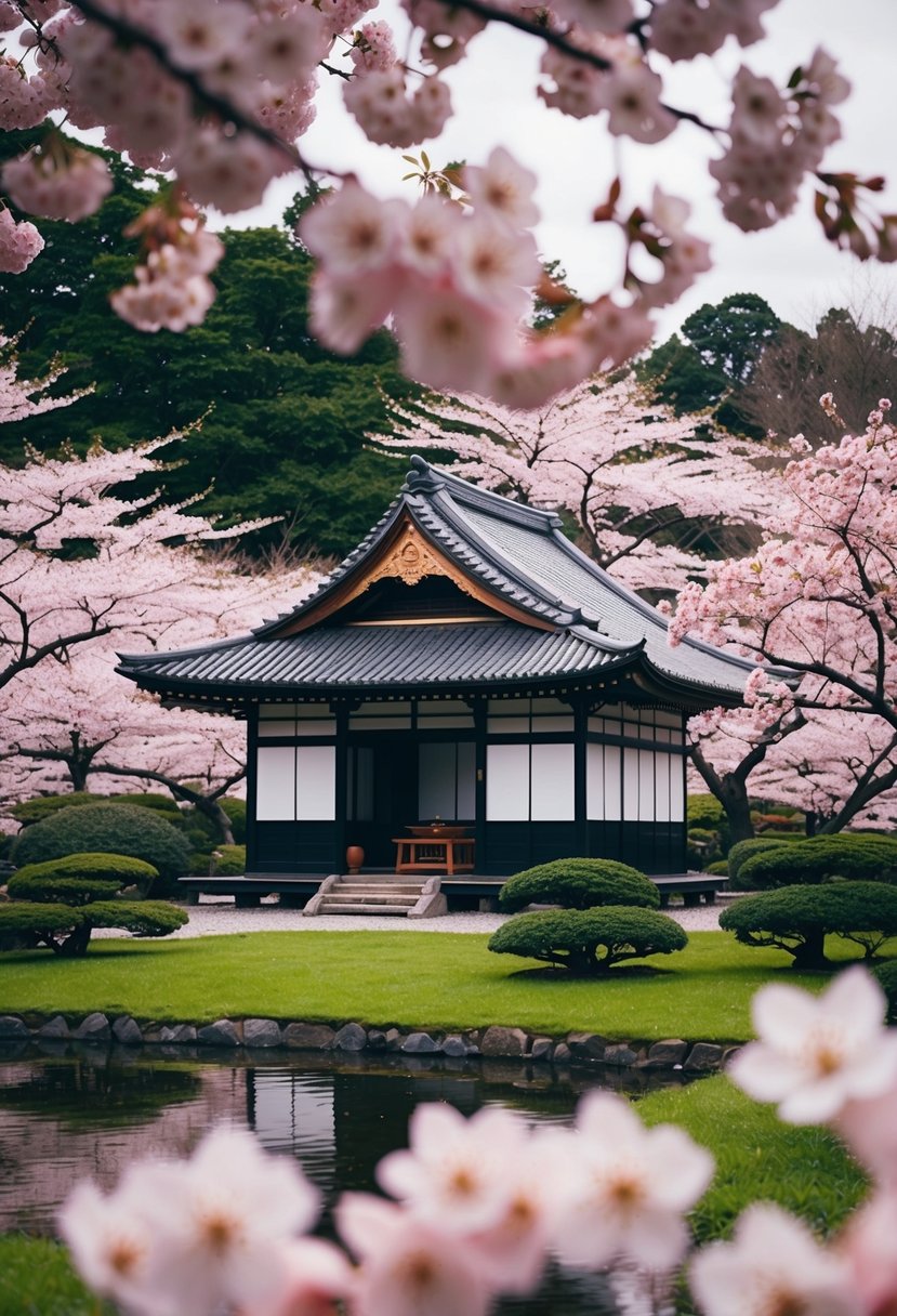 A serene Japanese garden with a traditional tea house, surrounded by cherry blossom trees in full bloom