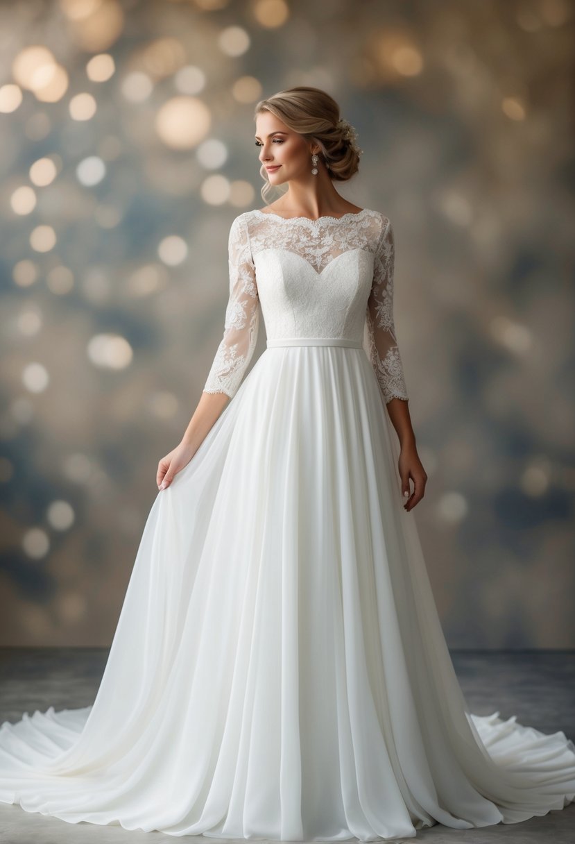 A flowing wedding dress with delicate three-quarter lace sleeves, exuding elegance and comfort