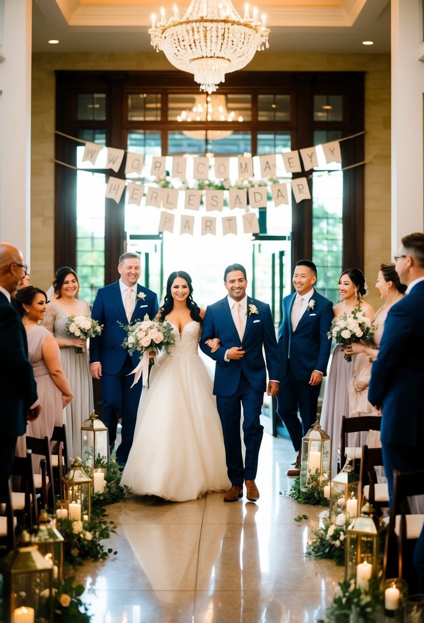 A grand entrance adorned with personalized banners welcomes the bridal party