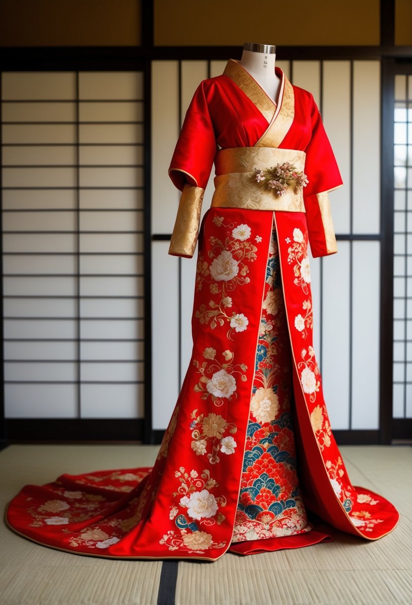 A vibrant red uchikake wedding dress with intricate floral patterns and gold accents displayed on a traditional Japanese tatami mat