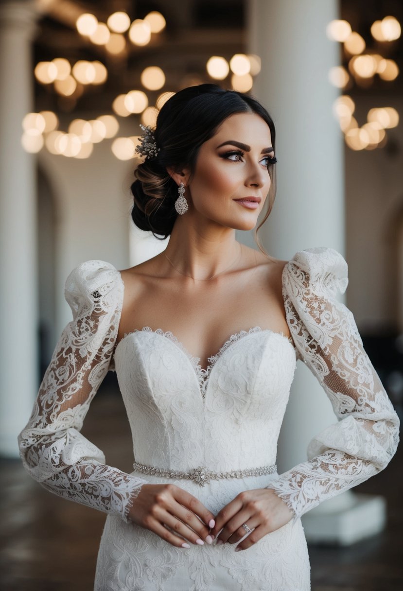 A bride stands in a lace sleeves wedding dress, the puff sleeves adding a dramatic and elegant touch to her ensemble