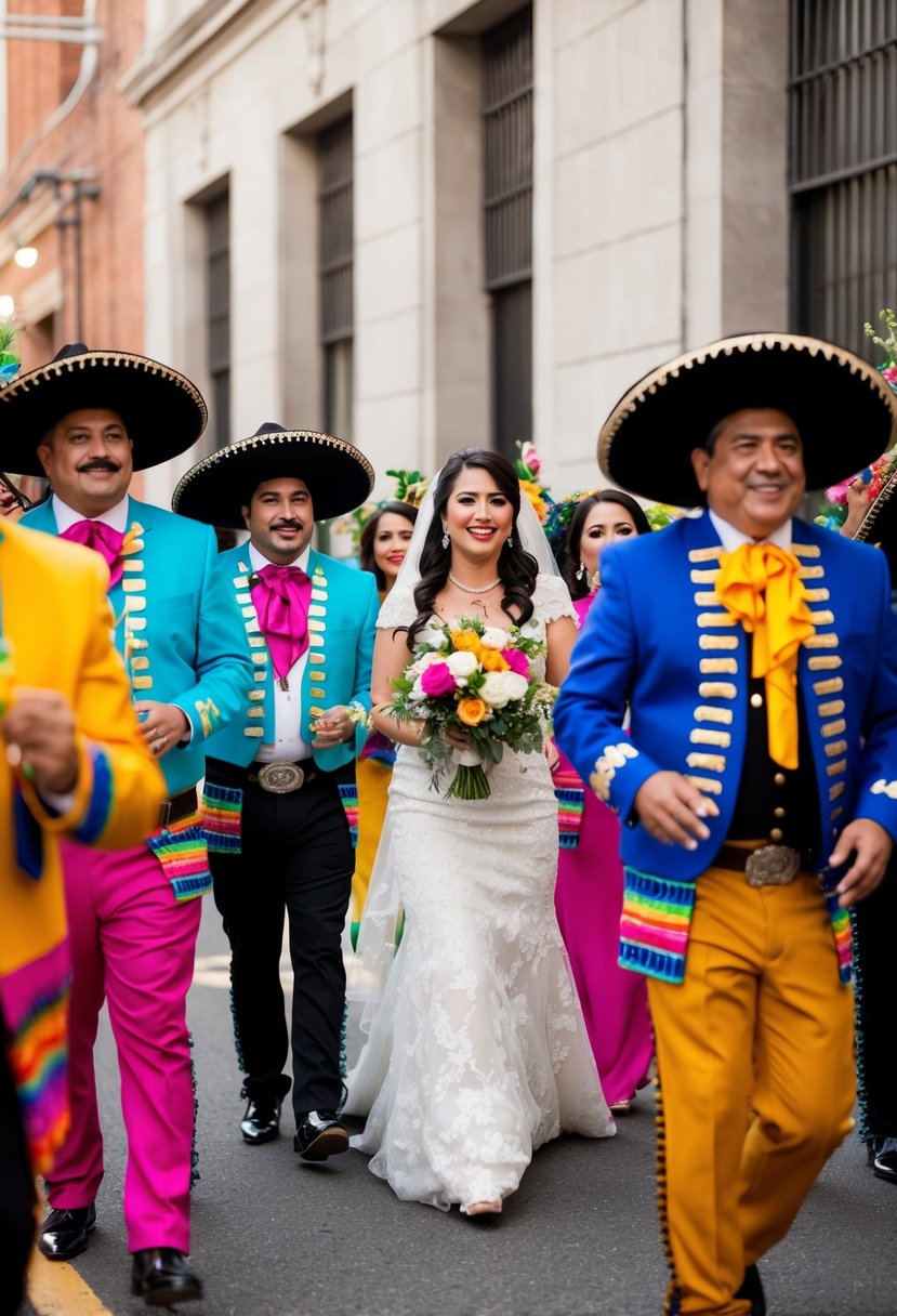 A festive mariachi band leads the bridal party in a lively wedding entrance, playing traditional music and wearing colorful outfits